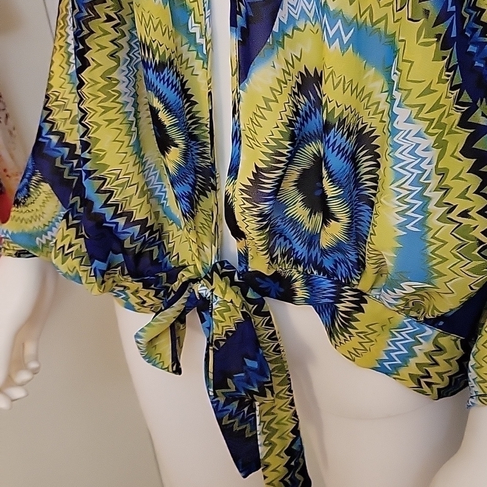 Ashley STEWART chiffon tie dye poncho style tie-Waist cover-up Festival Top - Picture 5 of 8